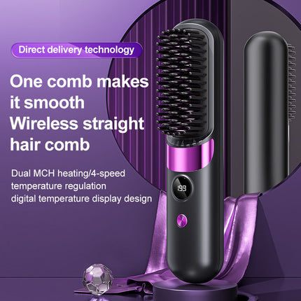 Cordless Mini Hair Straightening & Curling Brush with Negative Ions - USB Rechargeable Portable Styling Comb