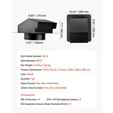 149 mm Wall Vent Cover with Hood, Steel Roof Exhaust, 1 Pack, Black