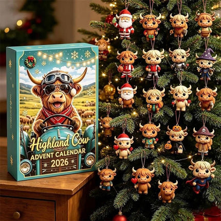 24 Day Highland Cow Advent Calendar 2026 3D Flat Mini Figures Xmas Gift Toy (1set）