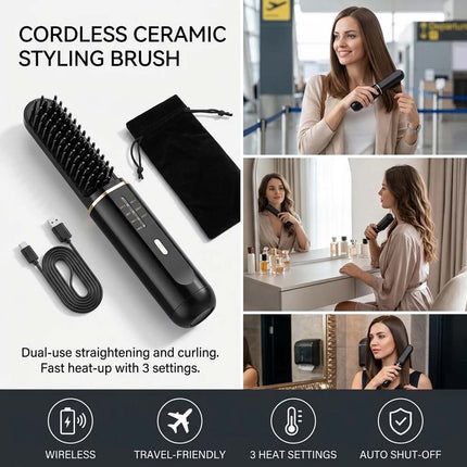Cordless Beard Hair Straightener Brush Ion Heated Straightening Comb USB Rechargeable