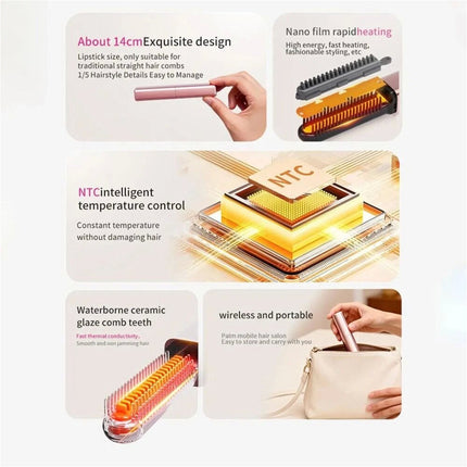 Rose Gold Cordless Mini Hair Straightener Brush USB Rechargeable