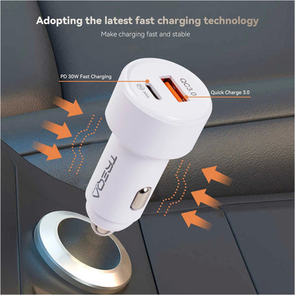 White 48W 2 Port Car Phone Charger Dual USB A C PD Metal 12V Cigarette iPhone Charging