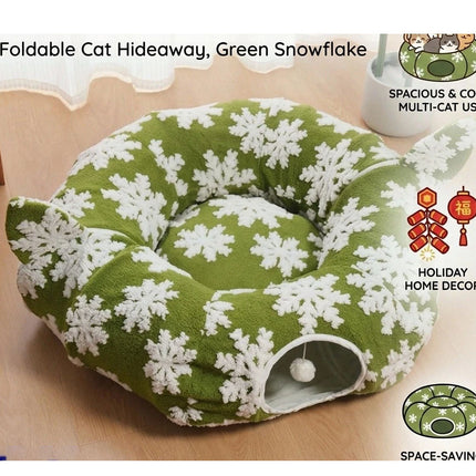 90 cm Foldable Green Cat Donut Tunnel Bed with Soft Cotton Filling for Daily Play and Cozy Naps