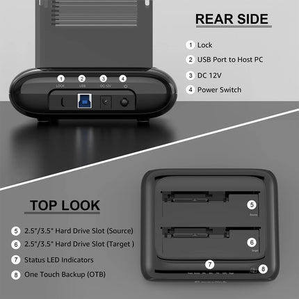 Dual Bay Hard Drive Docking Station USB 3.0 to SATA for 2.5 3.5'' HDD SSD UASP