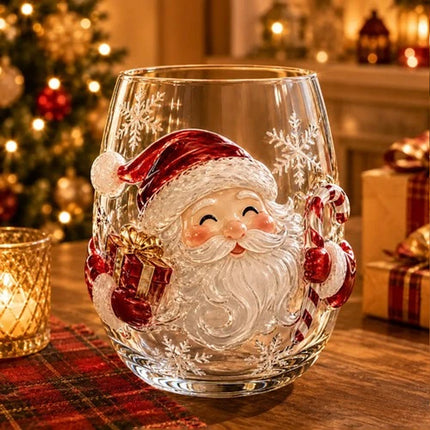 2D Christmas Glass Art Cup, Santa Snowman Reindeer Drinking Glasses Wine Glasses