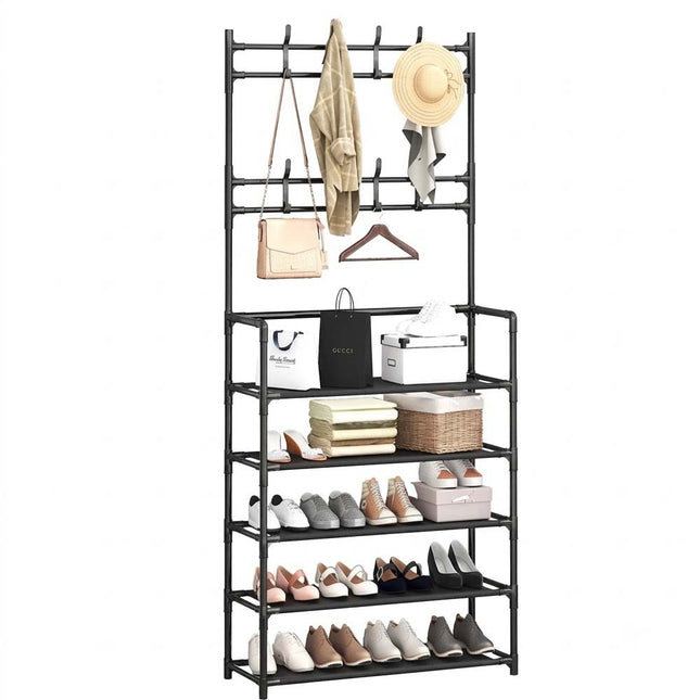 Shoe Rack Storage Cabinet Coat Hat Stand Metal Shelves 16 Pairs Black
