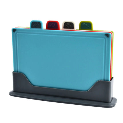 4 Piece Colour Coded Chopping Board Set with Stand Kitchen Cutting Boards