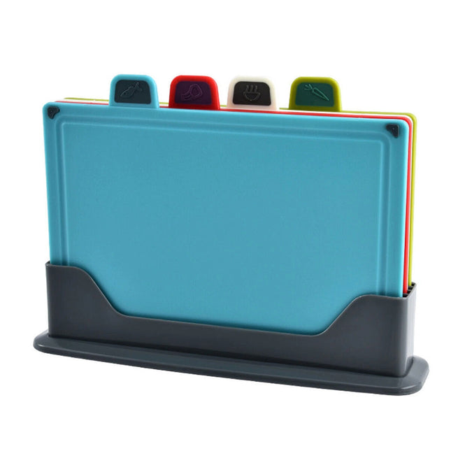 4 Piece Colour Coded Chopping Board Set with Stand Kitchen Cutting Boards