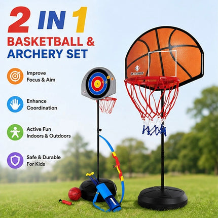 2 in 1 Kids Basketball Hoop & Archery Set Adjustable Height Indoor Outdoor Toy
