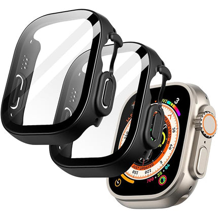 Case with Screen Protector for Apple Watch Ultra 3/2/1 49mm Built-in Tempered Glass 2 Pack Black