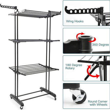 Foldable Clothes Airer Drying Rack with Wheels Laundry Drying Garment Hanging
