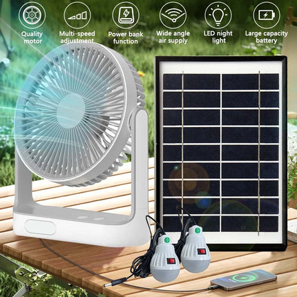 Solar Powered Cooling Fan Cooler Rechargeable Camping Fan with 2 Lights Bulbs