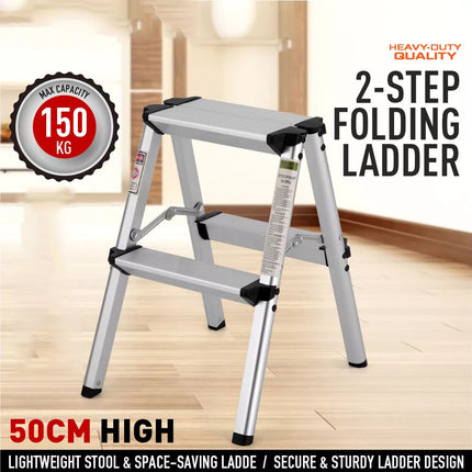 Portable 2 Step Folding Ladder Aluminium Frame Anti Slip Safety 150KG Cap. Home