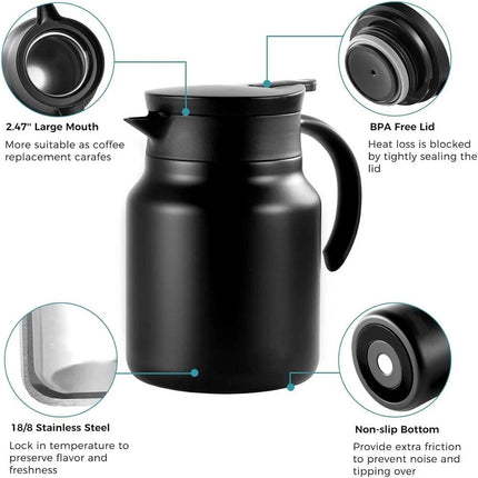 1L Stainless Steel Insulated Coffee Carafe Tea Pot with Removable Tea Strainer