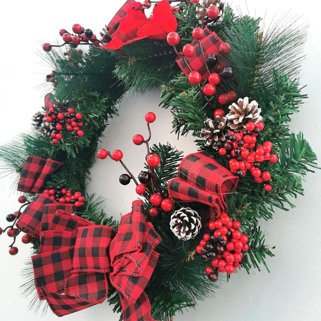 40cm Christmas Wreath Pine Green Garland Red Pinecone Berry Birds Bow Door Décor