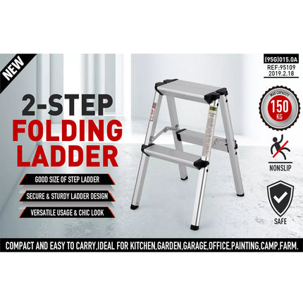 Portable 2 Step Folding Ladder Aluminium Frame Anti Slip Safety 150KG Cap. Home