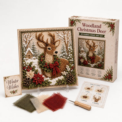 3D Christmas Fabric Poke Art Kit, DIY Punch Craft Set with Frame Decor Deer Set