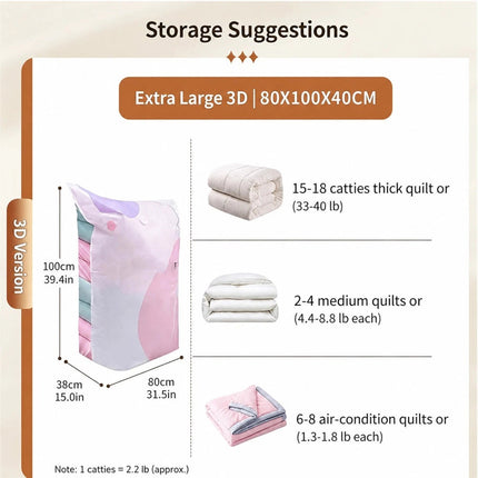 Large No-Pump 3D Vacuum Storage Bags Suitable for Bedding, Clothes, Travel