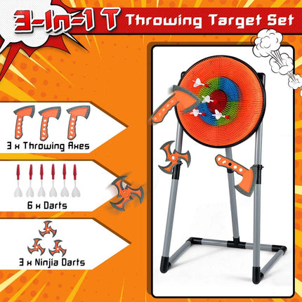 3 in 1 Throwing Target Set Throwing Game w/3 Throwing axes 3 Ninja Darts