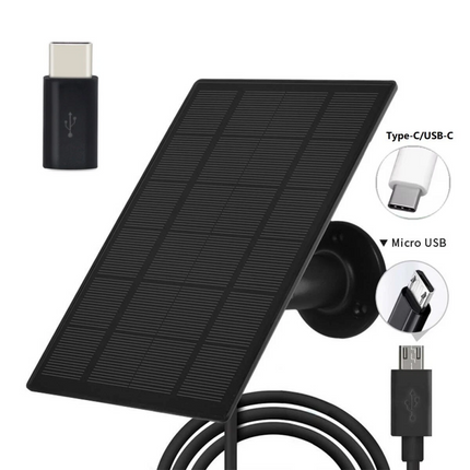 Solar Panel for Outdoor Security Camera, 5V 3W with Micro USB & Type-C Adapter Black