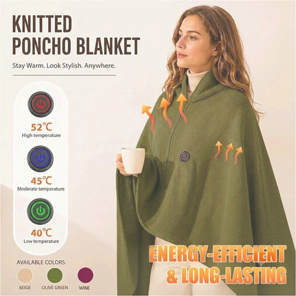 USB Electric Warming Throw Blanket Portable Poncho Shawl - Green