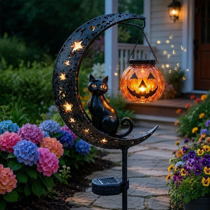 Solar Halloween Black Cat & Pumpkin Moon Garden Stake Light Hanging Lantern Lamp