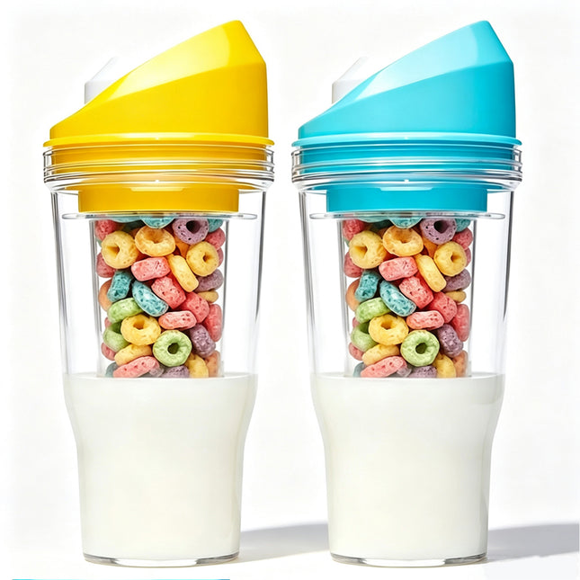 2Pcs Crunch Cup Plastic Cereal Cup Leak-Proof Cereal Tumbler On-the-Go Portable（Yellow And Blue）