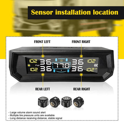 Tyre Pressure Monitor System TPMS Solar USB Car LCD Tire Alarm w/ 4 Sensors