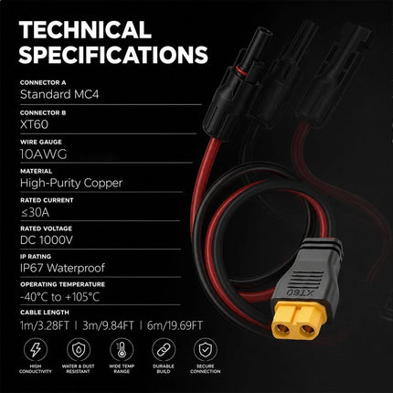 For MC4 Solar Panel Connector To XT60 Adapter IP67 10AWG 3M Extension Cable 3M