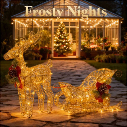 Solar-Powered Set of 2 Christmas Decoration Reindeer and Sleigh LED Yard Xmas