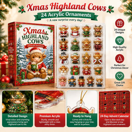 2026 Highland Cow Christmas Advent Calendar with 24 Acrylic Hanging Ornaments