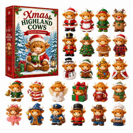 2026 Highland Cow Christmas Advent Calendar with 24 Acrylic Hanging Ornaments