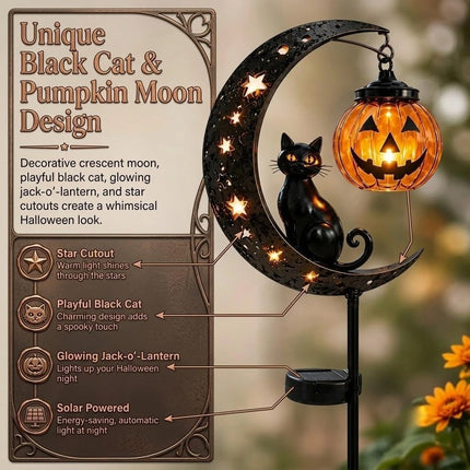 Solar Halloween Black Cat & Pumpkin Moon Garden Stake Light Hanging Lantern Lamp