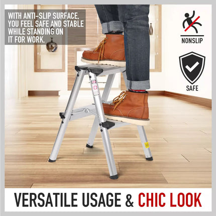 Portable 2 Step Folding Ladder Aluminium Frame Anti Slip Safety 150KG Cap. Home