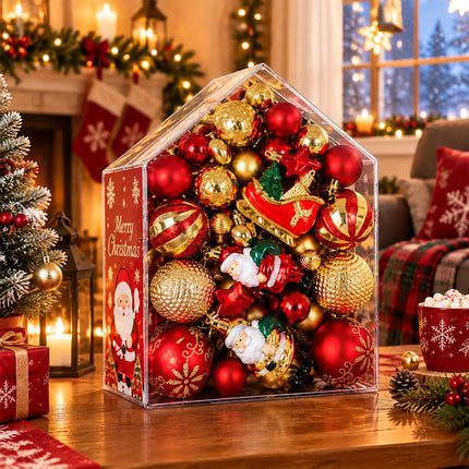 72-Piece Luxury Christmas Ornament Set - Gold and Red House-Shaped Gift Box