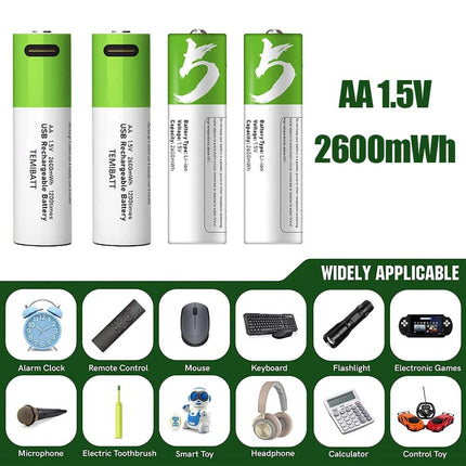 4X USB AA Lithium Ion Rechargeable Battery 1.5V 2600mAh Fast Charger Type C Lot