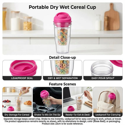 1Pcs Crunch Cup On-the-Go Cereal Tumbler Portable Plastic Cereal Cup Leak-Proof Pink