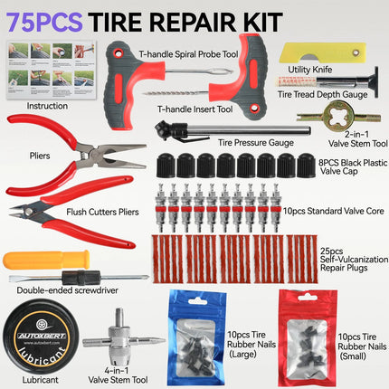 75pcs Heavy Duty Tyre Puncture Repair Tool Tire Mending Kit For Auto Motorbike