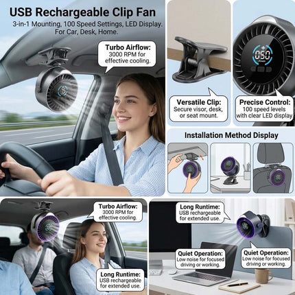 Rechargeable Turbine Clip-On Fan 100-Speed USB Desk Car Fan with LED Display