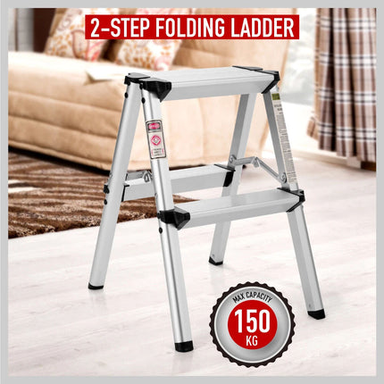 Portable 2 Step Folding Ladder Aluminium Frame Anti Slip Safety 150KG Cap. Home
