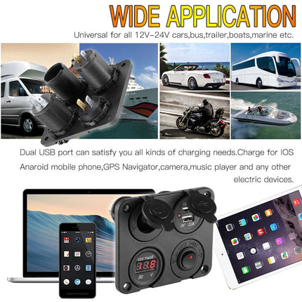 12V Switch Panel Car Cigarette Lighter Socket + Dual USB Port Charger +Voltmeter