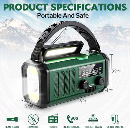 10000mAh Wind Up Solar Radio Hand Crank Emergency FM/AM USB Charger LED Torch