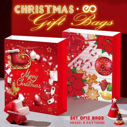 12 PCS Christmas Gift Bags Tote Drawstring Party Xmas Reusable Paper Wrapping Pattern 3