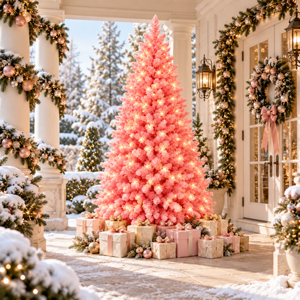 210cm 7FT Pink Snow Flocked Christmas Tree Pre-Lit With LED Light 350LED Warm White Xmas Decor