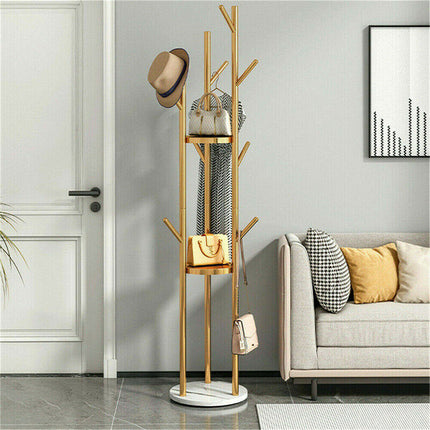 Golden Pole Tree Metal Coat Rack Stand Hooks Hanger Stable Marble Base Standing