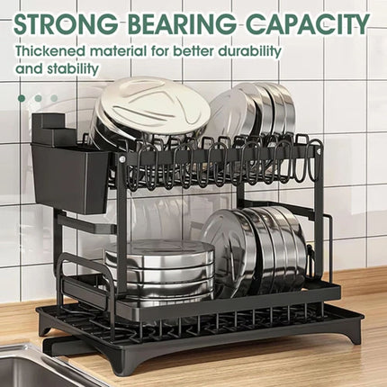 2 Tier Dish Drainer Drying Rack with Cup Holder Cutlery Tray Kitchen Organiser