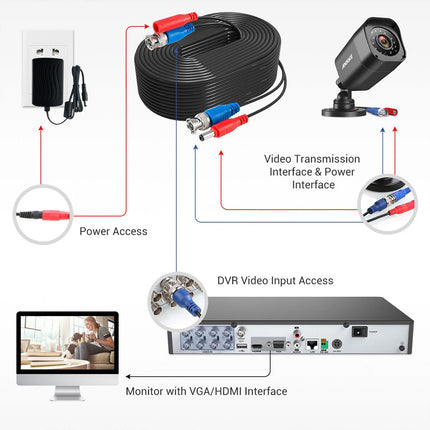 Black 4PCS 100ft 30m Security Camera Video Power Cable BNC CCTV Extension Cord