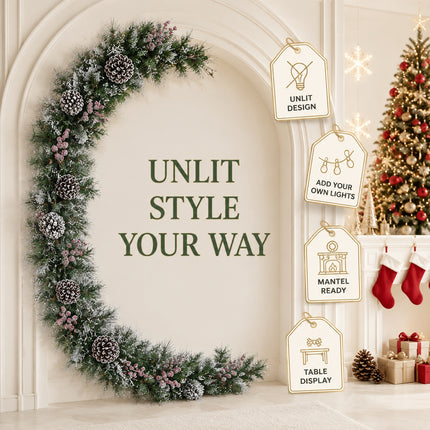270cm Lightly Frosted Pine Christmas Garland with Pine Cones & Red Berries Decor