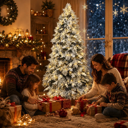 150cm Snow Flocked Christmas Tree Warm 160 LEDs Light Pre Lit Pine Cone Winter Xmas Decor