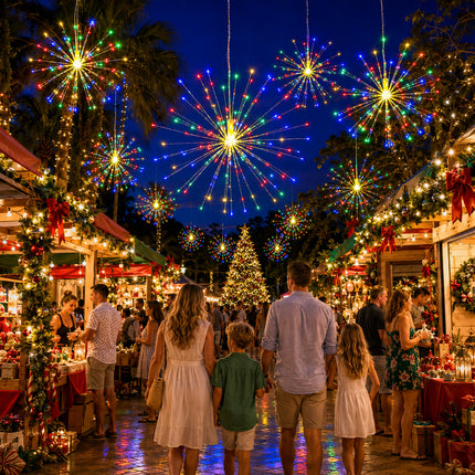 Solar Powered Multicolour LED 5 Head Firework Christmas Hanging Lights 8 Modes Copper Wire